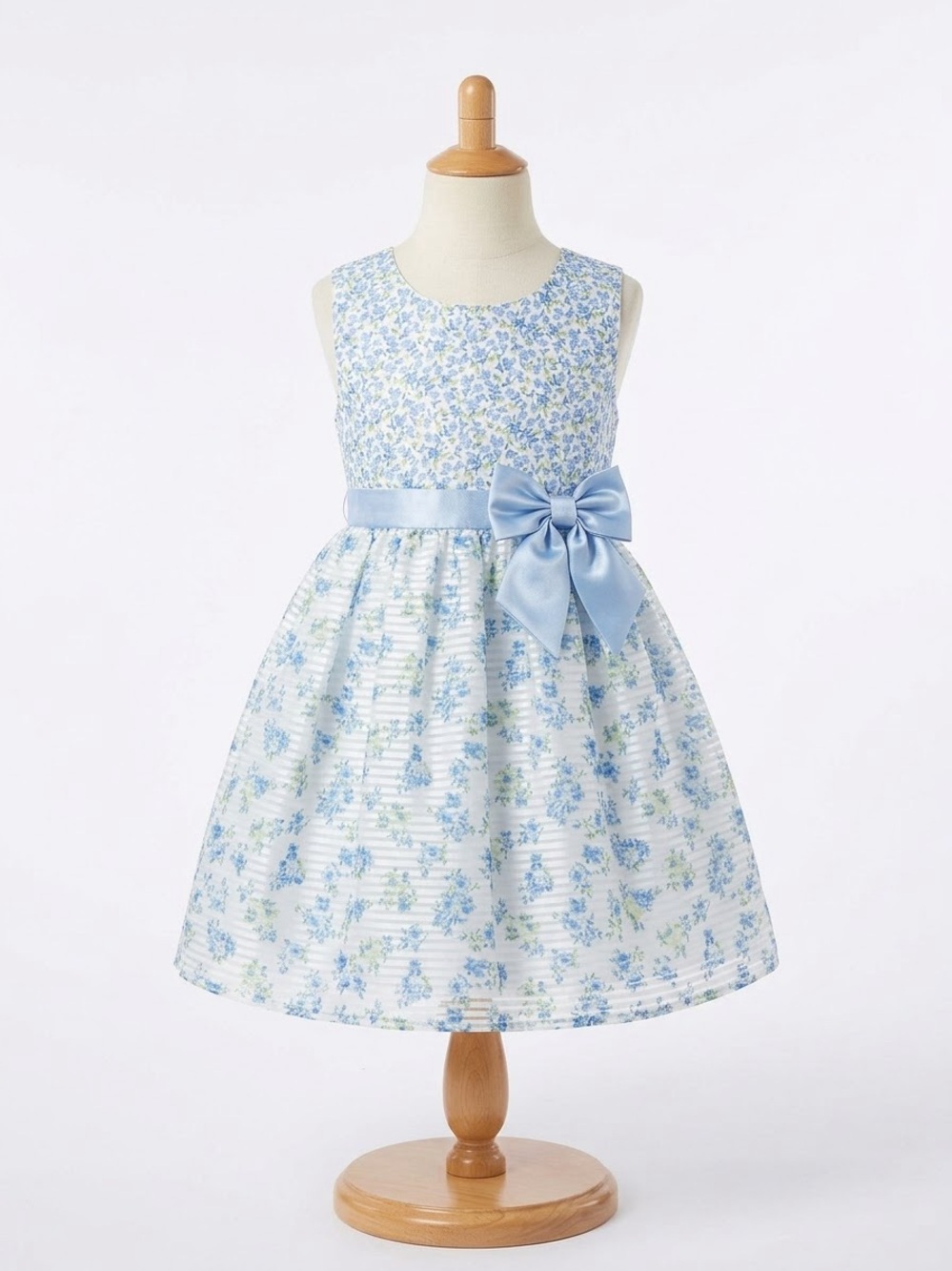 Blue Floral Bow Sleeveless Girls Dress